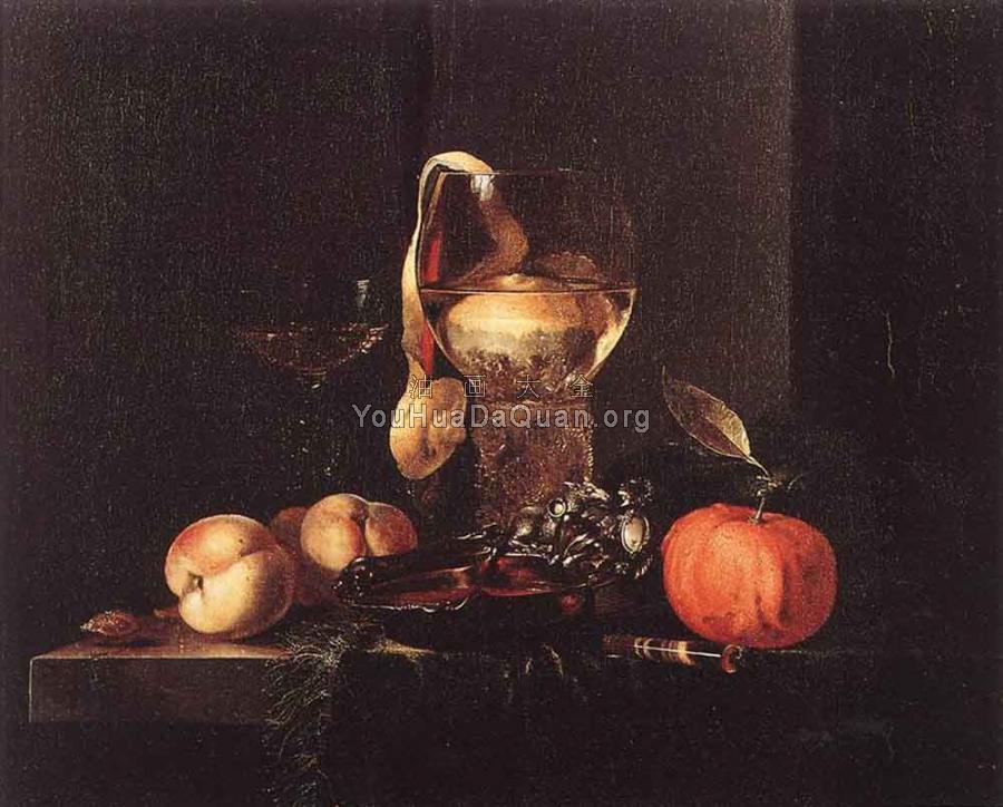 Still Life With Silver Bowl Glasses And Fruit - 威廉·考尔夫
